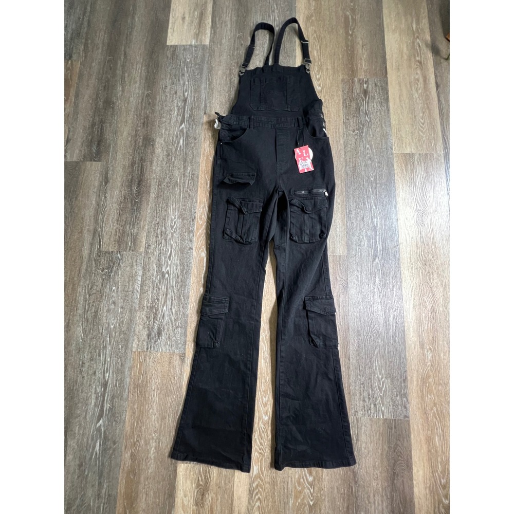 ALEXIA Cargo Overalls Women XL Black Flared Multi Pocket Denim E2256